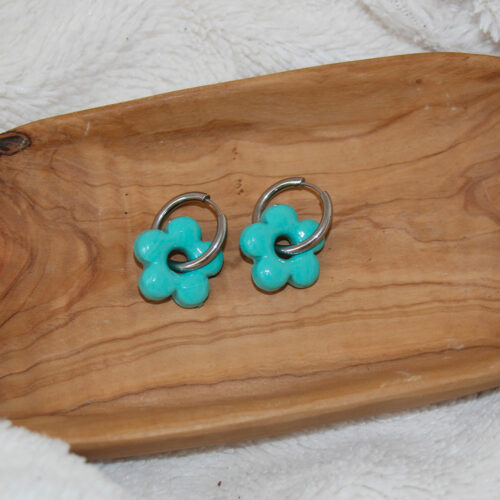 boucles d oreilles fleur bleu turquoise acier inoxydable dore