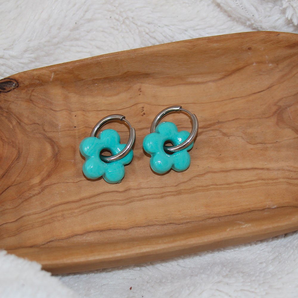 boucles d oreilles fleur bleu turquoise acier inoxydable dore
