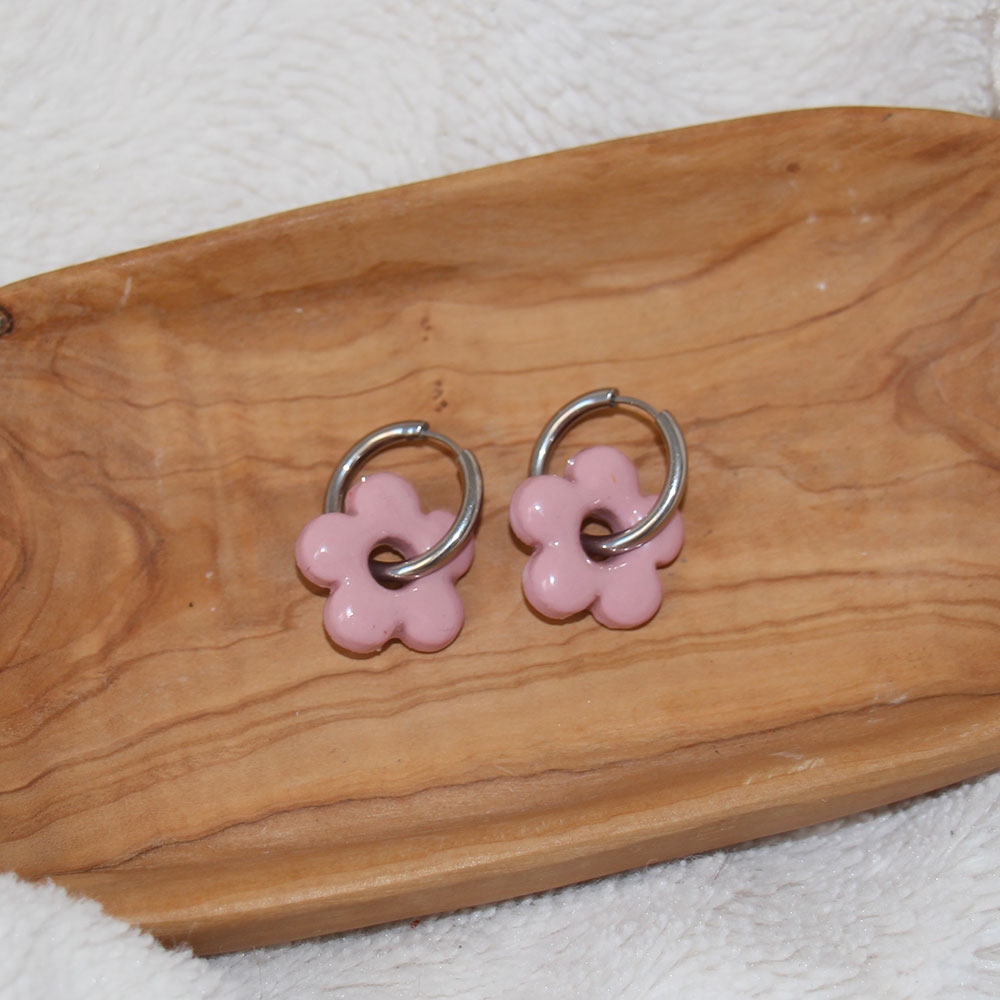 boucles d oreilles fleur rose acier inoxydable
