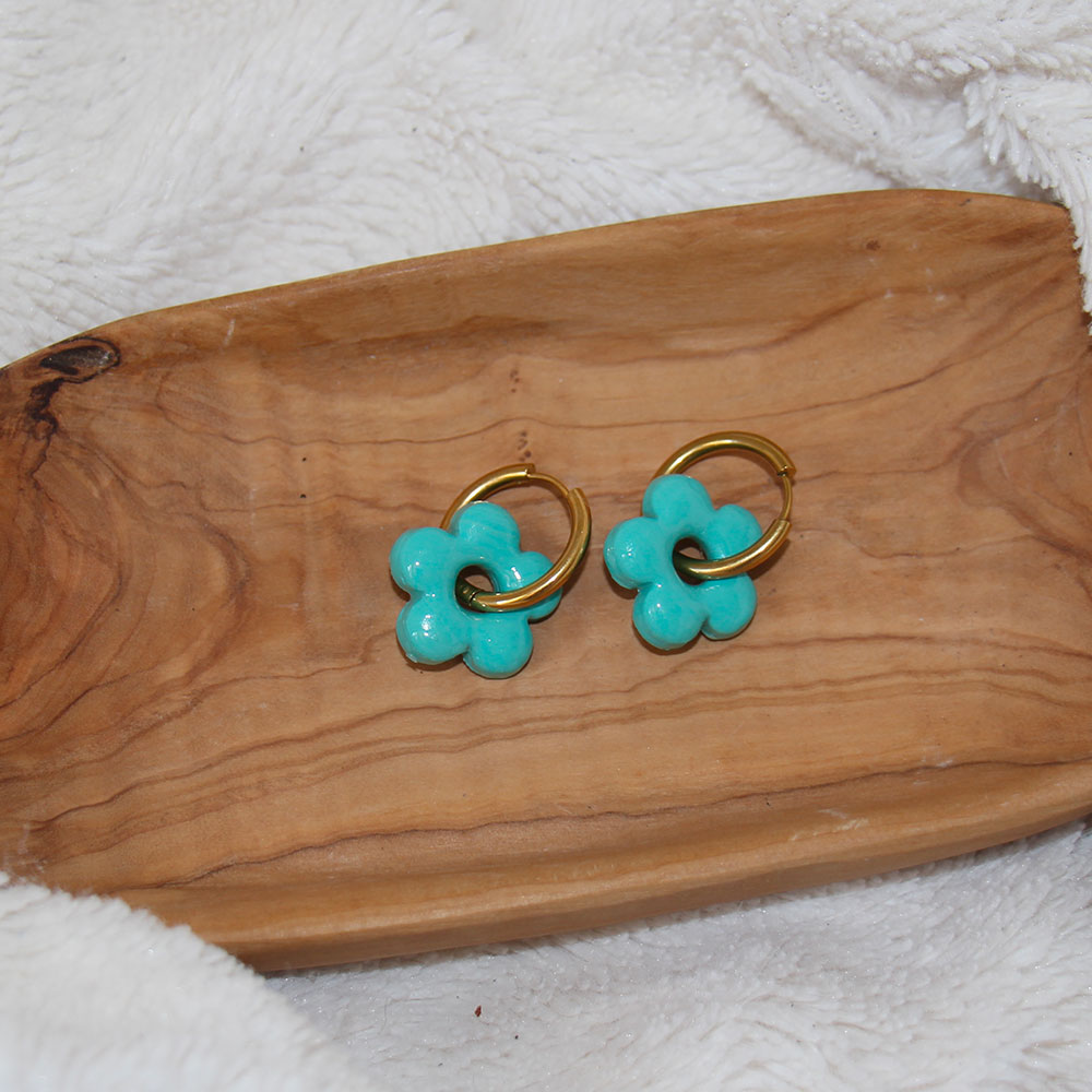 boucles d oreilles fleur bleu turquoise acier inoxydable dore