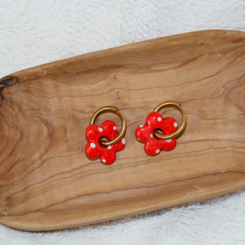 boucles d oreilles fleur rouge pois blancs acier inoxydable