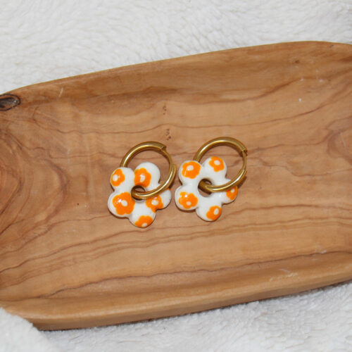 boucles d oreilles fleur orange blanche acier inoxydable