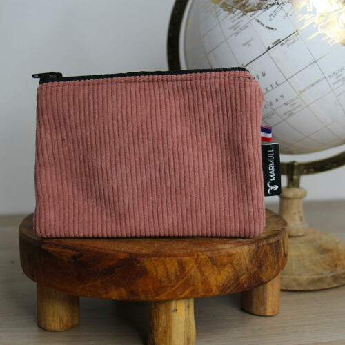 pochette marmull en velours cotelé vieux rose avec fermeture zip