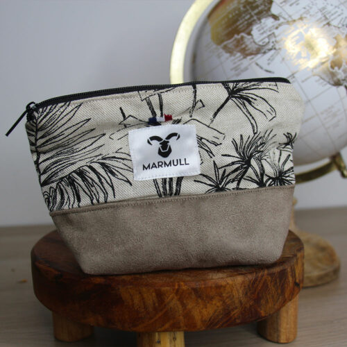 trousse marmull motif jungle noir et blanc avec base daim